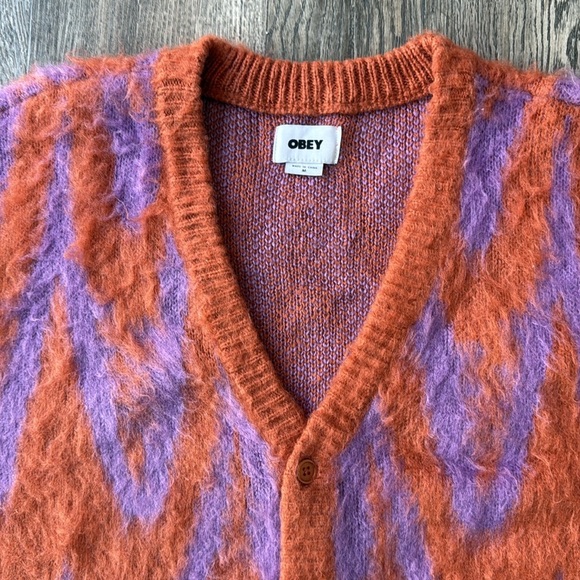 Obey Sweater Orange and Purple Copper Multi Helix Fuzzy Cardigan Size Medium - Picture 6 of 15